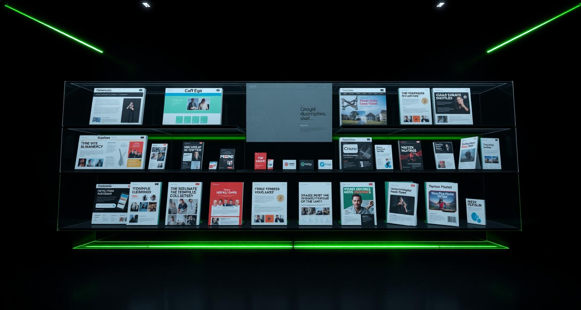 Digital products displayed on glowing shelves in a dark studio